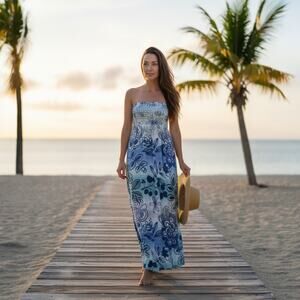 Yahada Blue Floral Smocked Strapless Maxi Dress - Medium